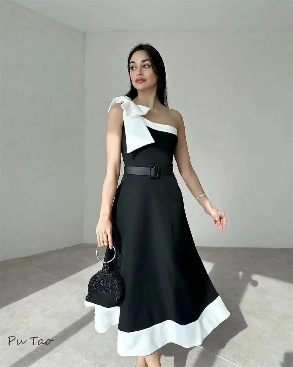 PuTao Satin Bow Prom Dress Sashes Cocktail Party Dress A-line One-shoulder Bespoke Formal Occasion Dress Women Ankle Length