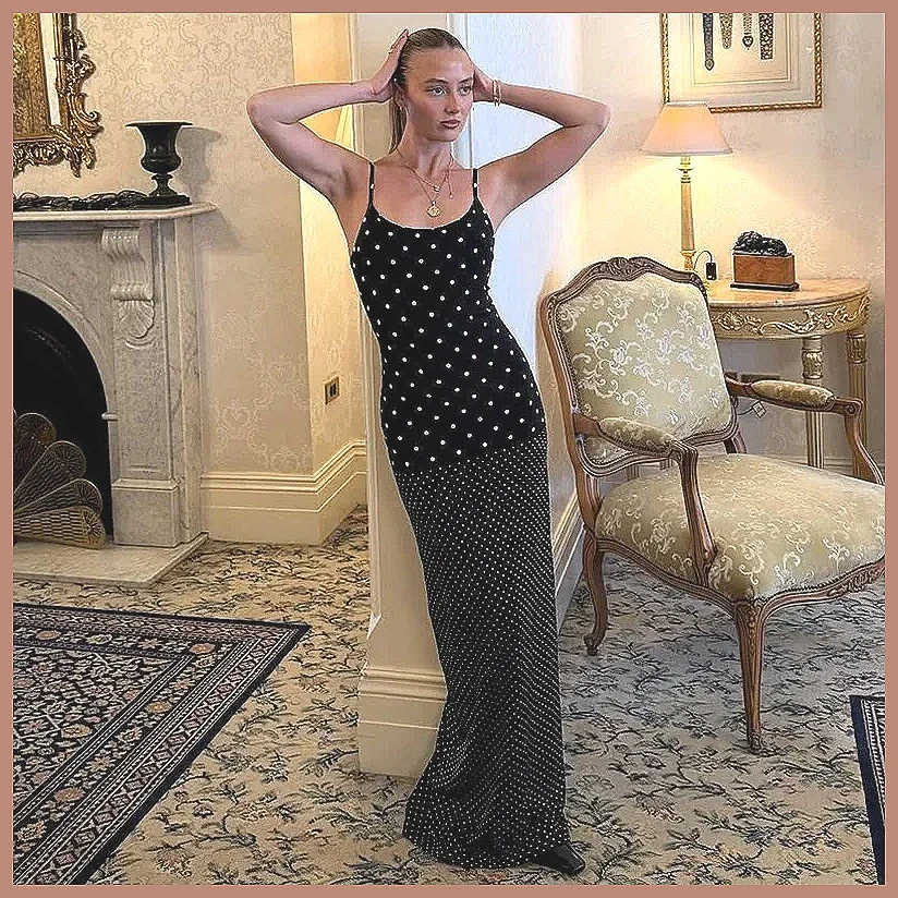Gaun Maxi Polka Dot Retro untuk Wanita, Gaun Musim Panas Tanpa Lengan dengan Belahan, Gaun Pesta & Liburan Elegan Model Bodycon