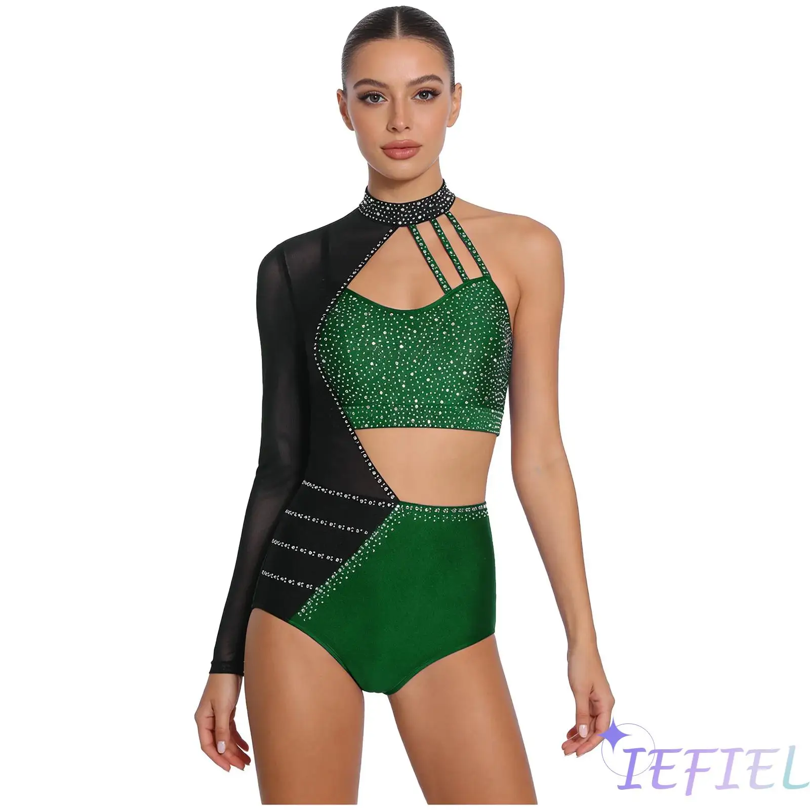 

Elegant Womens Jazz Dance Gymnastics Stage Performance Leotard Jumpsuit Rhinestone Hollow Out Bodysuit for Salsa Rumba Dance