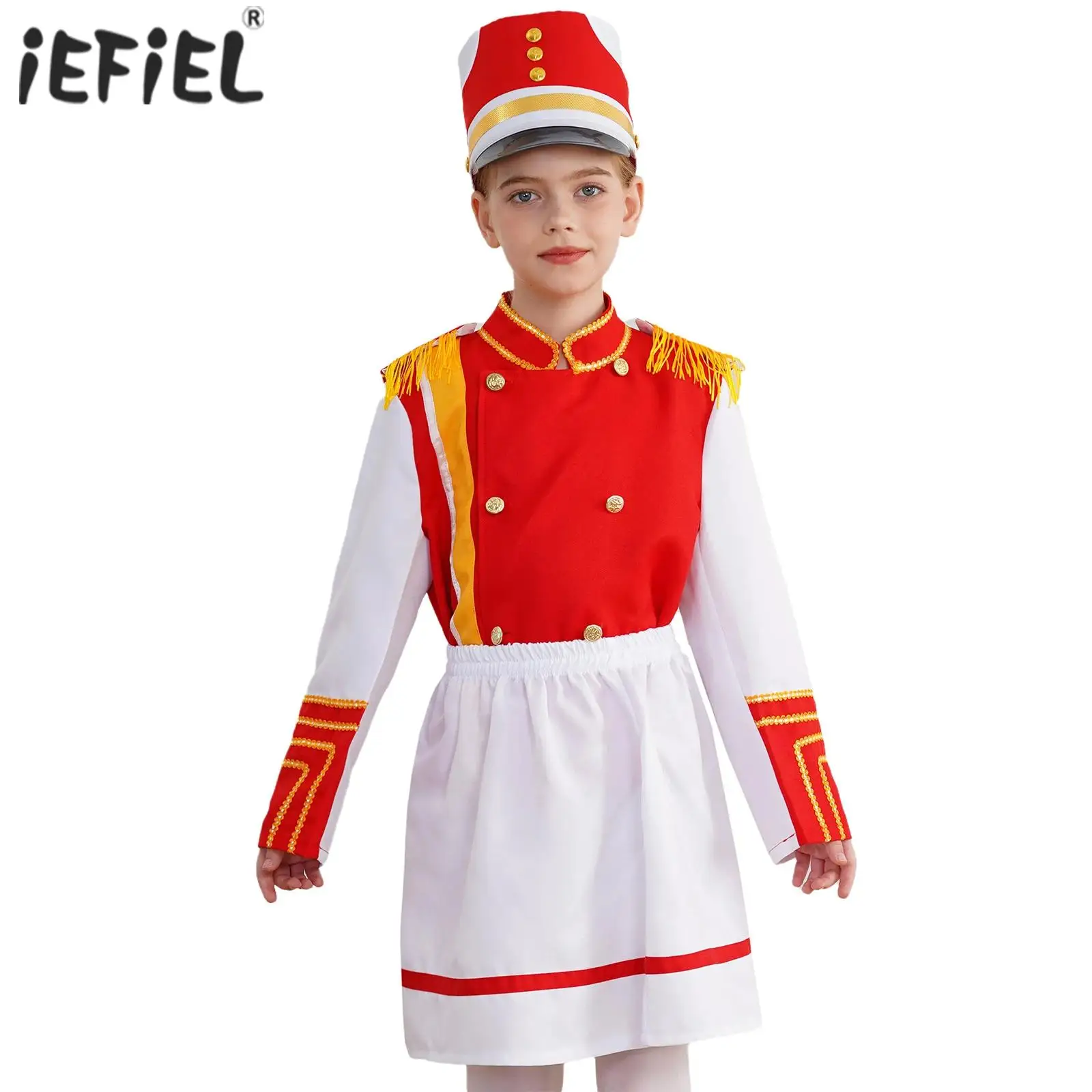 Kids Girls Drum Trumpet Team Uniform Marching Band Costume Tops with Skirt and Cap Set Honor Guard Stage Performance Outfits