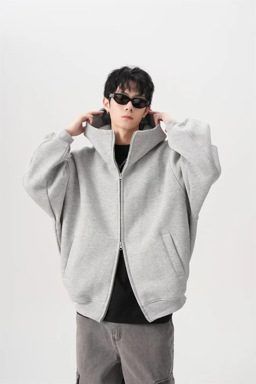 Korean Turtleneck Hoodies for Men Zip Up Hoodies Jacket Autumn Winter Retro Loose Oversized Hooded Sweatshirt Coats Streetwear