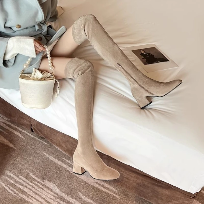 

2025 New Women's Over-the-Knee Long Boots Chunky Heel Plus Size Slimming High-Ankle Mid Heel Boots for Spring Autumn