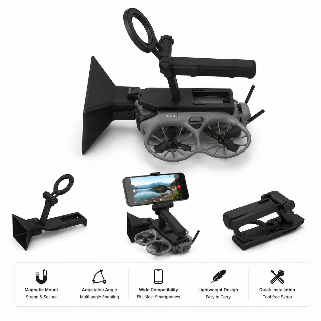 Adjustable Magnetic Phone Mount Compatible with DJI Neo 2, Foldable Smartphone Holder with Multi-Angle Rotation