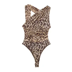 Tangada 2024 Women Leopard Mesh Bodysuit for Female Zipper Body Suit Shirt Woman Playsuit 6X095