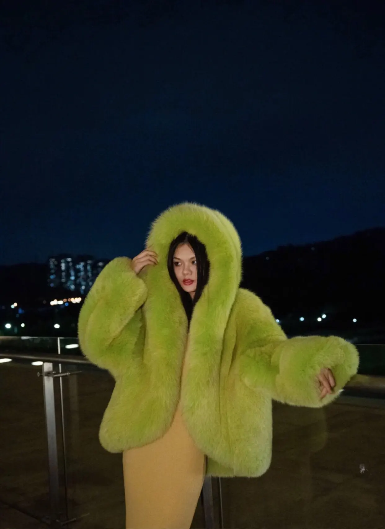 Women's Genuine Fur Hooded Coat, Oversized Lime Green Luxury Winter Jacket, Statement Outerwear