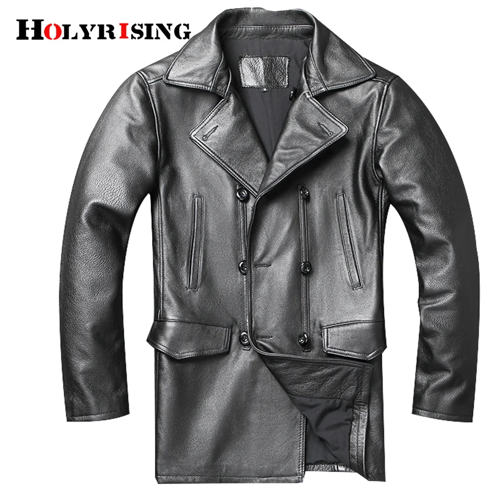 5XL Cowhide leather jacket men's mid-length lapel windbreaker Europe style slim coat double-breasted men trench