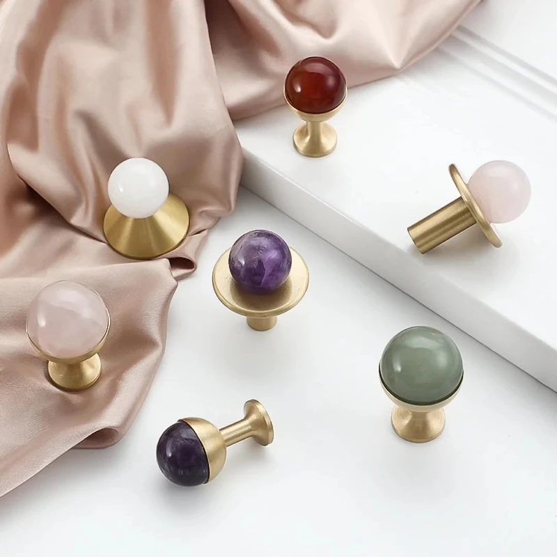 Nordic Style Brass White Single Hole Door Handle Natural Stone Round Furniture Wine Cabinet Drawer Shoe Cabinet Small Handle