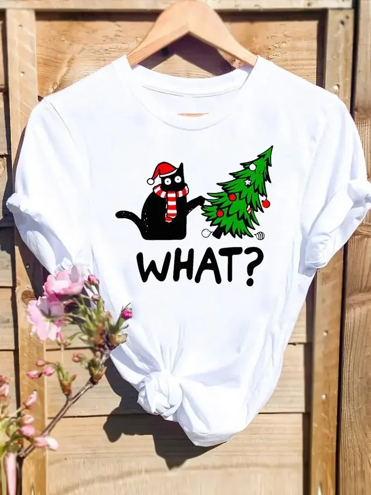 

Merry Christmas New Year Holiday Graphic T Tee Fashion Cat Tree Lovely 90s Cute 2025 Print T Top Women Shirt Clothing T-shirts