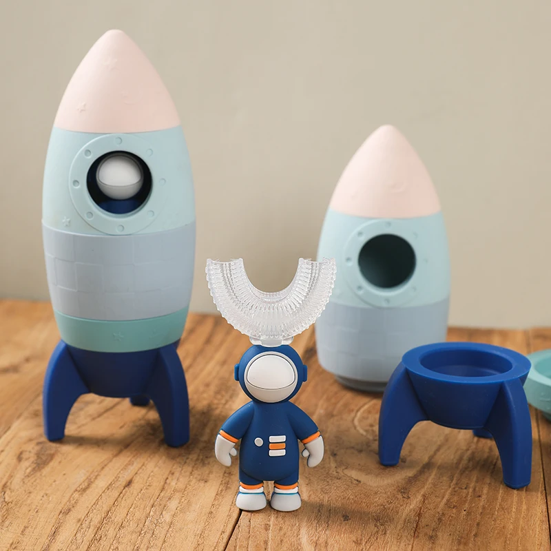 Baby Silicone Blocks Building Rocket Toy Rocket Stacking Puzzle Game Food Grade Silicone Teether Teething Wooden Astronaut DIY