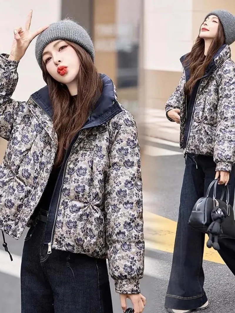 Giacca da pane stampata da donna invernale stile corto colletto rialzato cappotto in cotone versatile allentato casual Parka coreano W781 ﻿