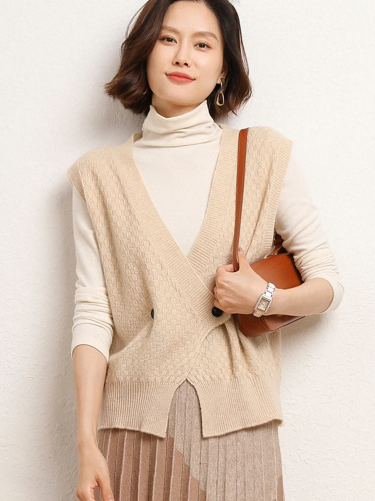 

Spring New Women's Sleeveless Cardigan 100% Merino Wool Sweater V-neck Solid Casual Waistcoat Knitwear Korean Popular Clothing