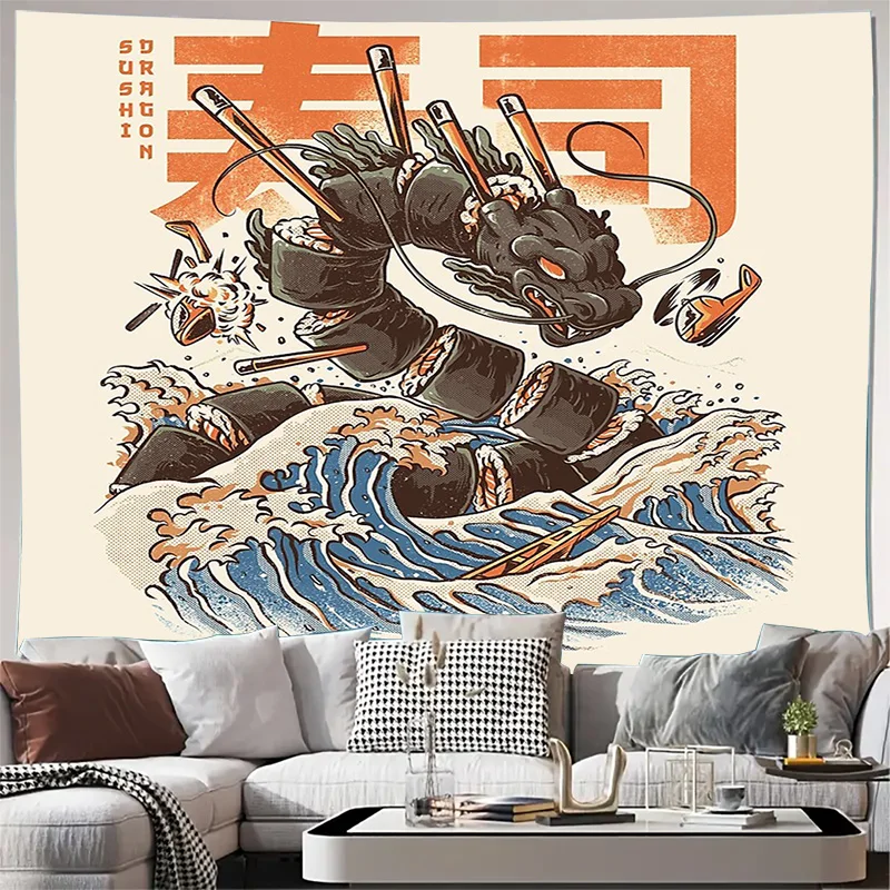 

Японский волнистый гобелен самурайский художественный настенный аниме Декор комнаты Эстетическая спальня Общежитие Япония домашний декор подарок