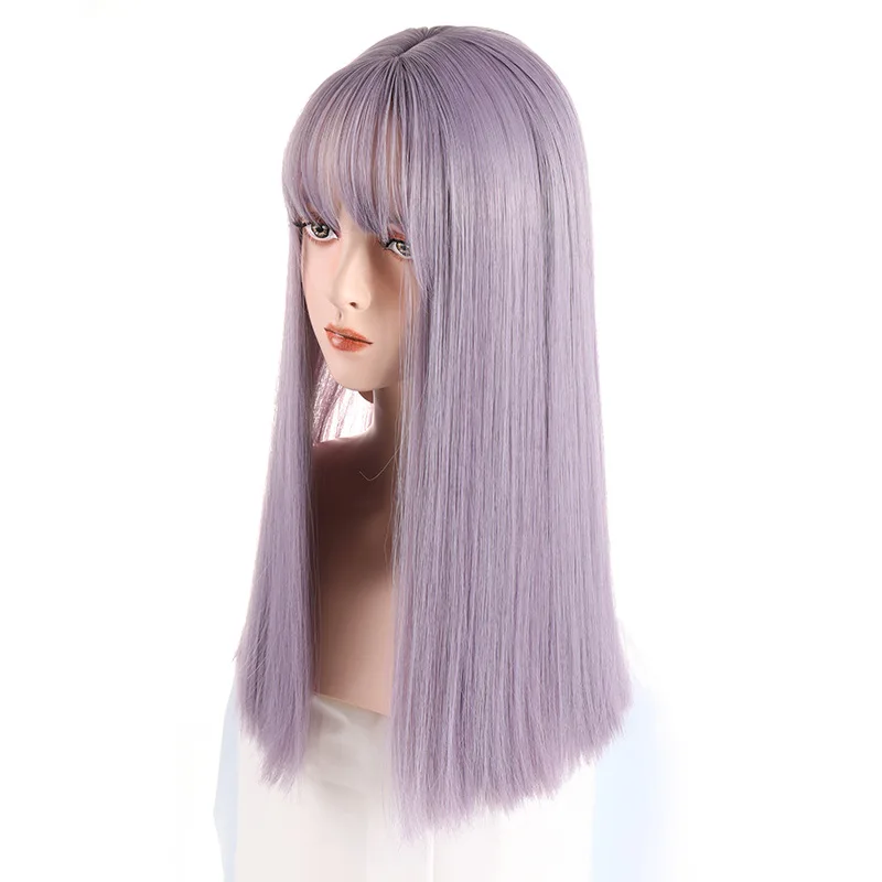 Long Straight Purple Synthetic Lolita Cosplay Wig with Bangs Fluffy Women's Heat Resistant Hair for Daily Party