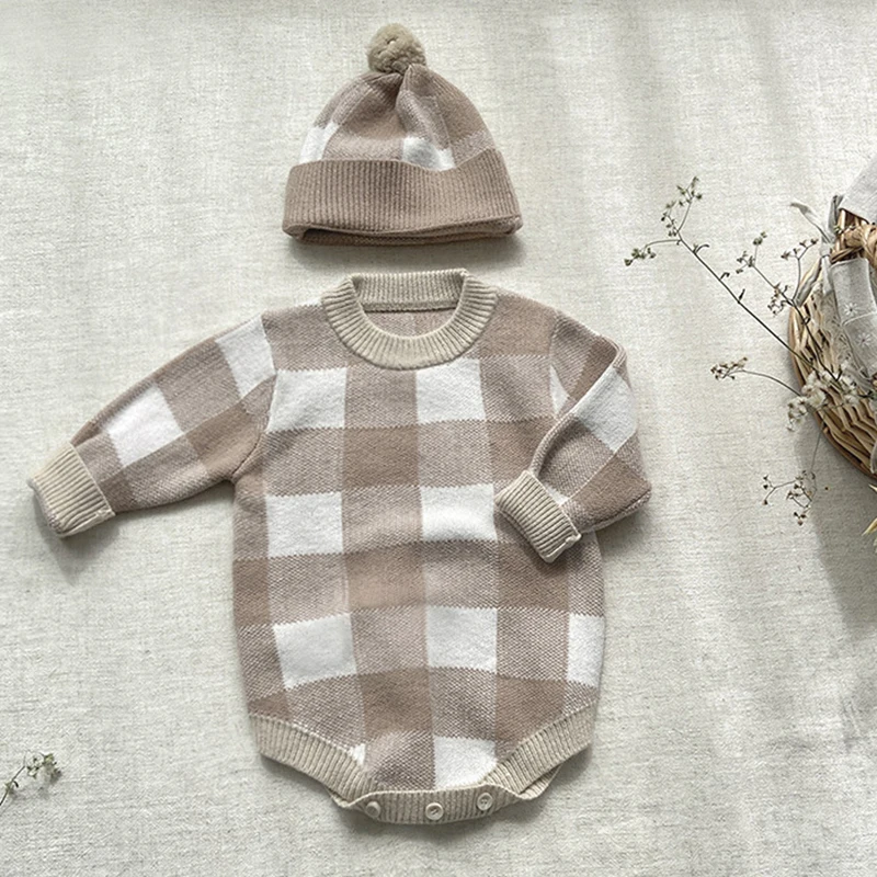 Children Clothes Autumn Spring Toddler Baby Girls Boys Lattice Knitting Romper+Hat Infant Baby Boys Girls Knitting Jumpsuit