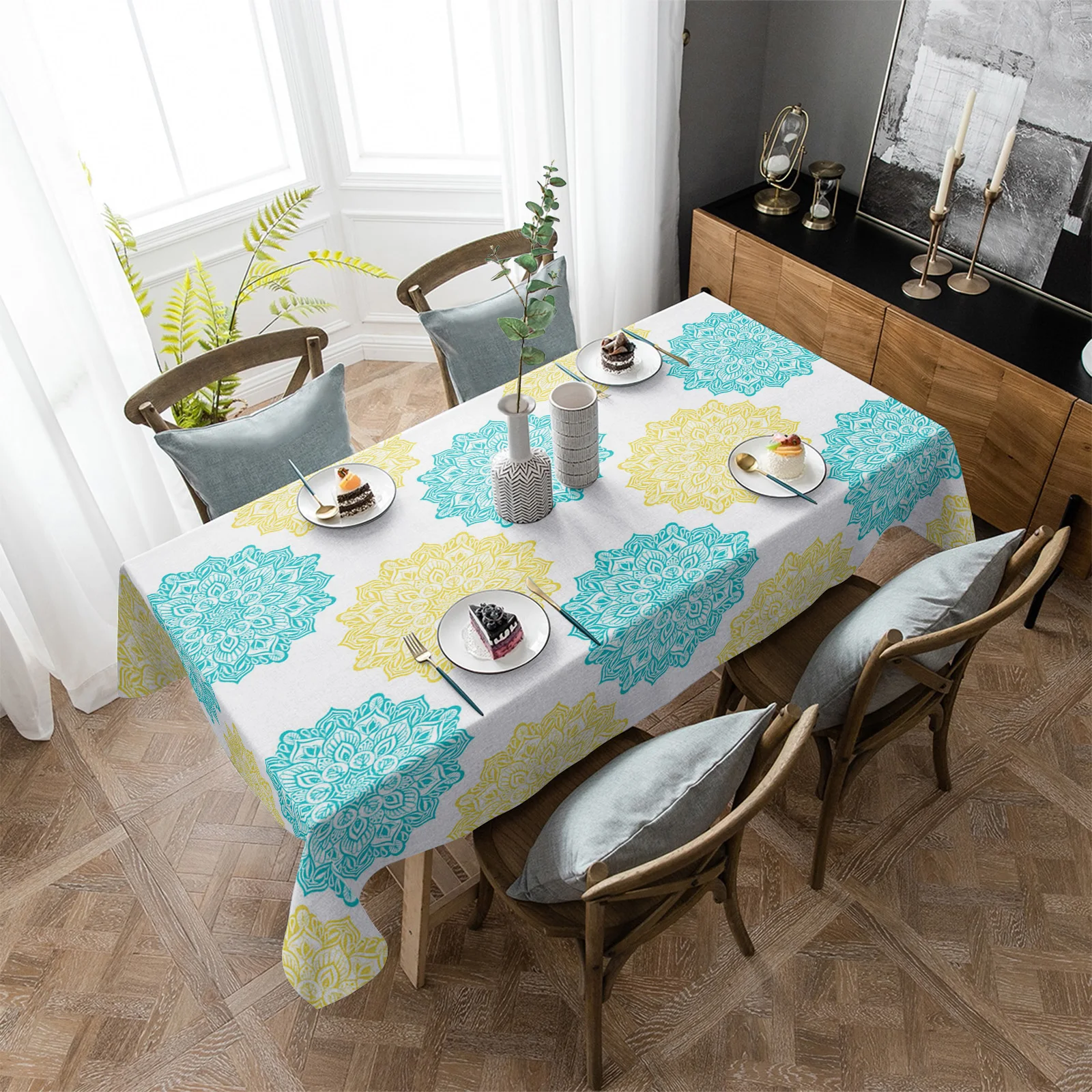 Mandala Pattern Yellow Texture Tablecloths for Dining Table Waterproof Rectangular Table Cover for Kitchen Living Room