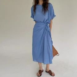 Johnature Summer Dress New Short Sleeve Irregular Pullover Dress Women 2025 New Korean Version Tie Slim Casual Dresses