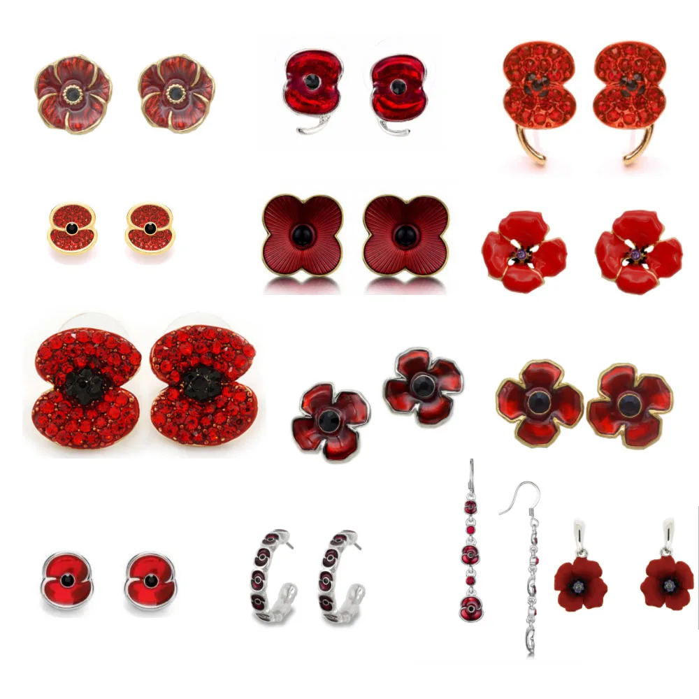 Red Poppy Stud Earrings for Women Vintage Flower Memorial Jewelry Red Oil Drop Earrings Gift Wholesale