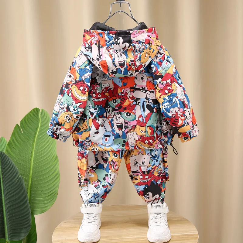 Spring Baby Boys Girls Clothes Sets Children\'s Suit Kids Long-sleeved Hooded Graffiti Printing Sweater + Pants 2PCS Suits 2-12Y