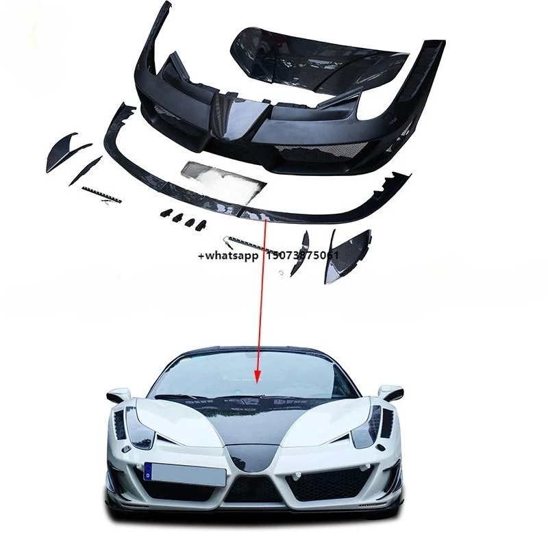 Style Carbon Fiber Mix Fiberglass Front Bumper Lip Assembly Engine Hood Body Parts for 458 Italia