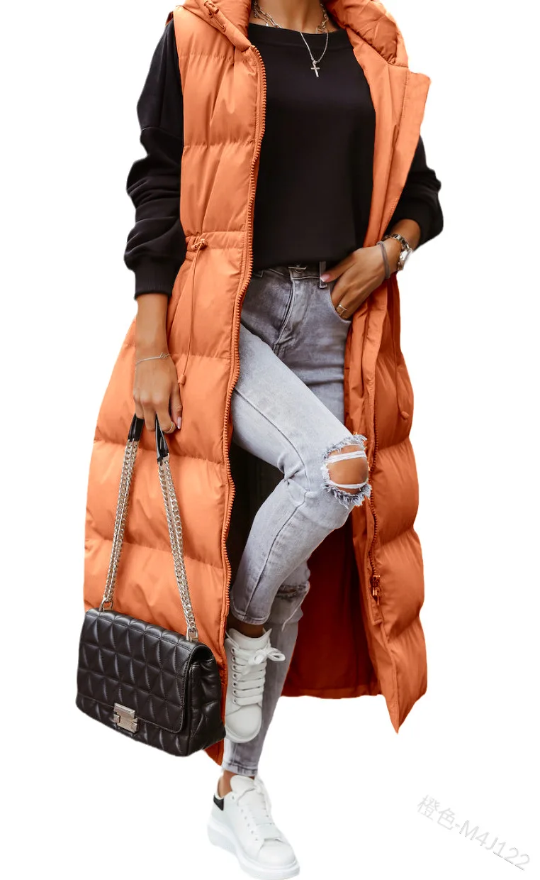 Women Coat Solid Color Hooded Long Cotton-padded Jacket Waist Waistcoat Casual Fashion Single-breasted Sleeveless Warm Autumn