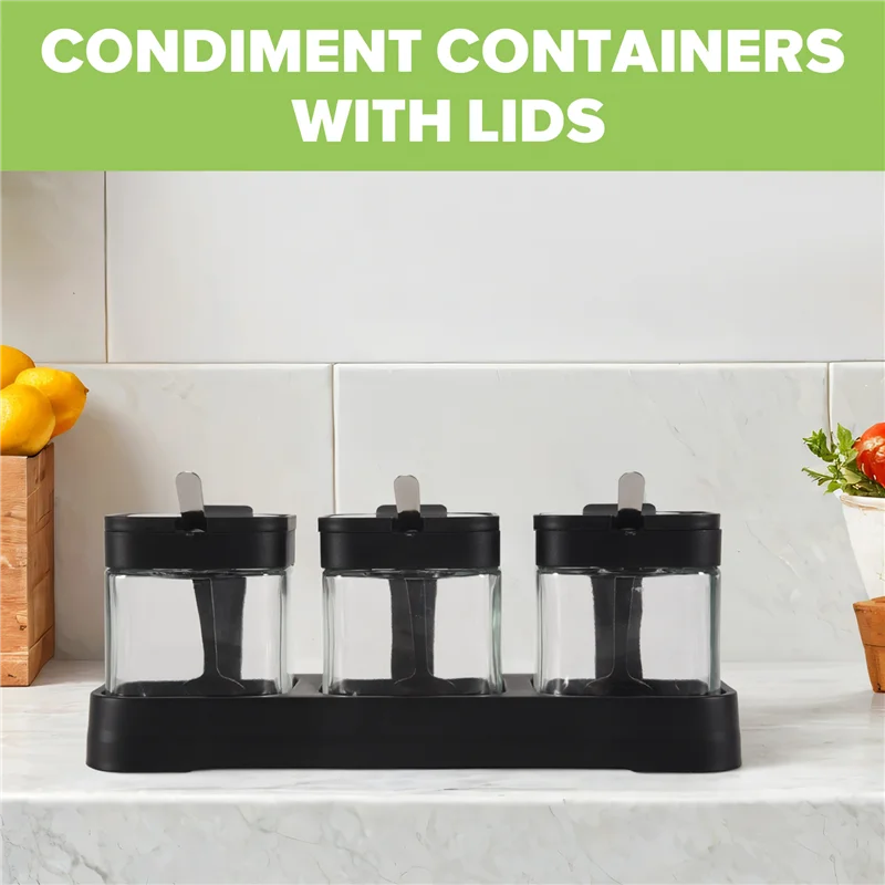 AC88-Glass Storage Jars Spice Containers Set With Stainless Steel Lids And Spoons For Sugar Serving Salt Coffee Tea