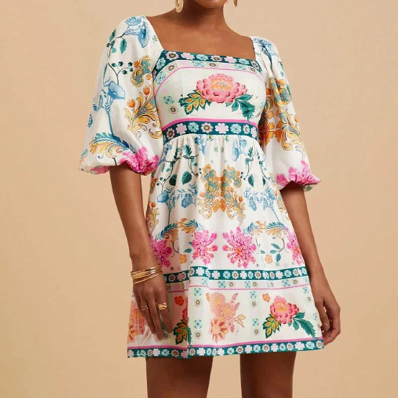 夏エスニックスクエアネック半袖ミニドレスレトロ気質ファッショナブルなプリント折りホリデードレス 2ist A ラインドレス