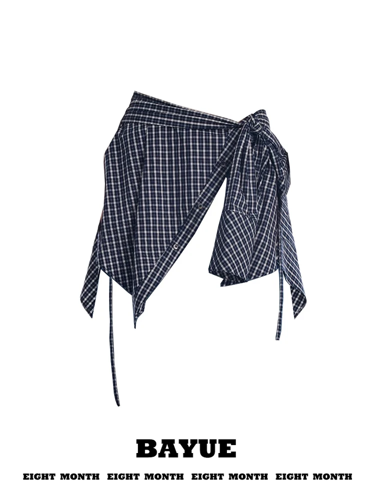 Blue Plaid Butt Curtain Layered High Waist A-Line  Skirt with Belt Regular Fit Spring 2026 Ladies High Waist Skirt
