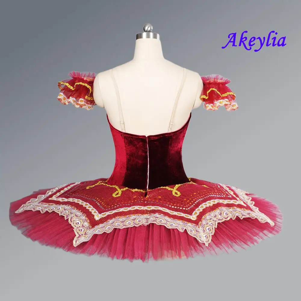 Professionele tutu Bordeaux fluwelen pannenkoek tutu meisjes klassieke ballet kostuums Paquita La Esmeralda concurrentie 11 lagen JN9090