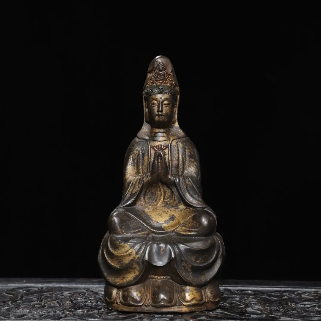 Child Giving Guanyin Bodhisattva Pure Copper Gold Plated Lotus Sitting Statue Home Temple Ornament Gift