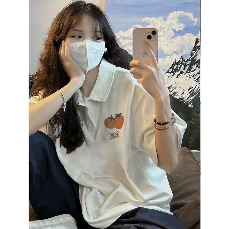 Cartoon Print Polo Shirts Short Sleeve 100% Cotton Y2K Cute Women Tshirt Summer Harajuku Preppy Style Oversized Tops T Shirts