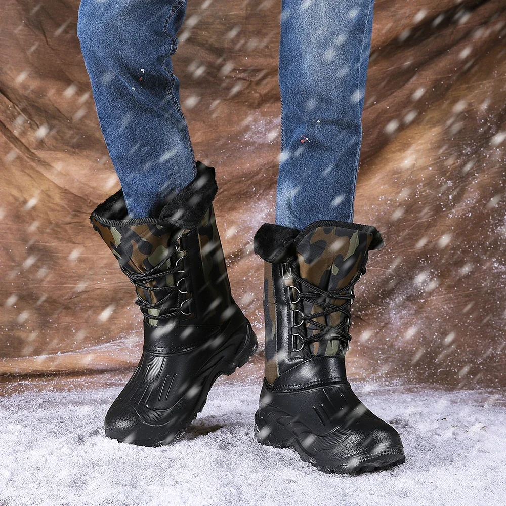 Botas impermeáveis de neve de meia panturrilha masculinas com pelúcia, botas de meia panturrilha, sapatos masculinos quentes, camuflagem, ao ar livre, chuva, trabalho, motocicleta, inverno, novo