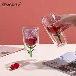 KEMORELA INS Double-Layer Glass Wine Glass Rose Shape Design Red Wine Glass Glass Juice Cup Suitable for Wedding Valentine's Day