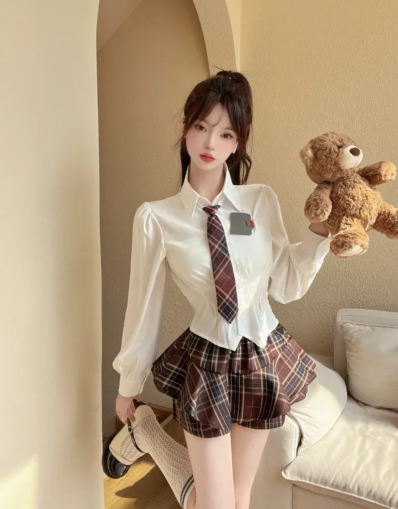 

Sweet Hot Girl Preppy Suit Women's Autumn and Winter Long-sleeve Short Shirt High Waist Pleated Skirt Fashion Two-piece Set