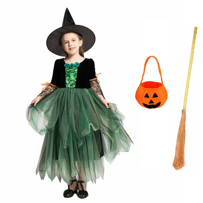 Girls Witch Costume Dress With Hat Set Toddler Halloween Fancy Dress Princess Tutu Tulle Dress Kids Fairytale Green Cosplay