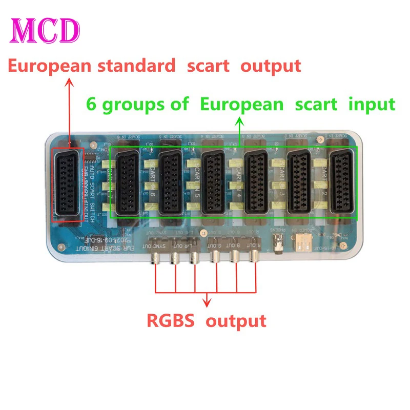 Acrylic Shell Upgrade SCART Switcher 6 IN 1 OUT 6 SCART ( EUR ) IN and 1 OUT auto switch 1*SCART EUR output + 1*JAP SCART output