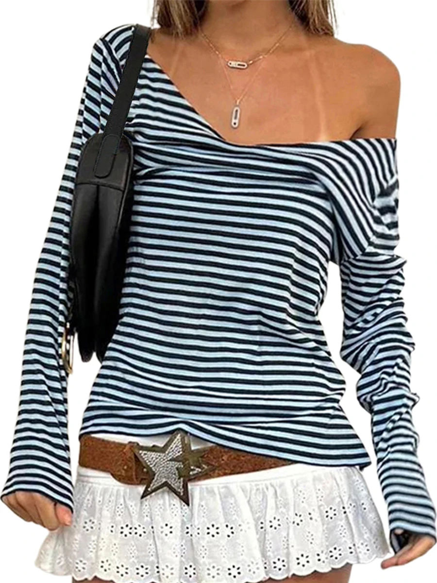 Damskie bluzki z długim rękawem Casual Striped Print V-Neck Basic Shirt Blouses for Club Streetwear Estetyczna odzież