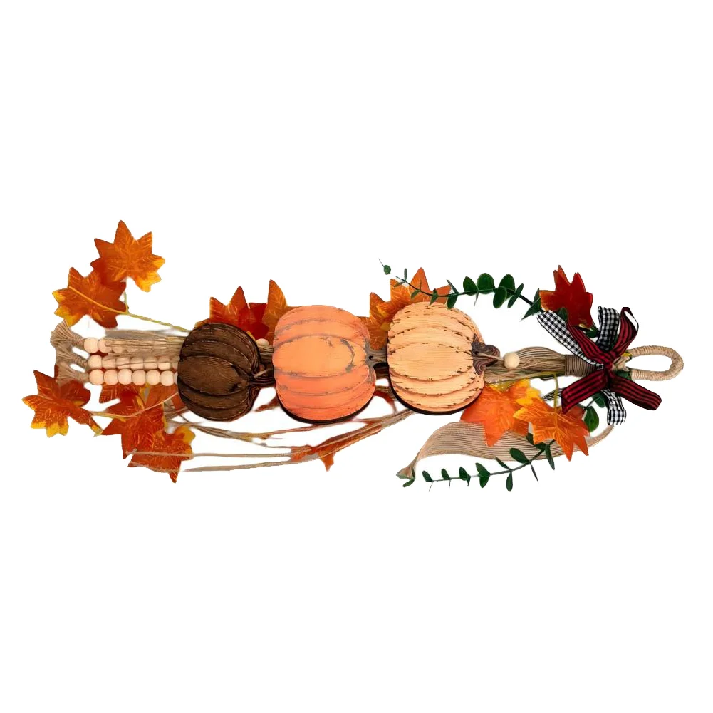 Rustic Wooden Pumpkin Door Hanger Stacked Autumn Decoration With Plaid Bow For Front Porch Entryway Wall Farmhouse Home Decor