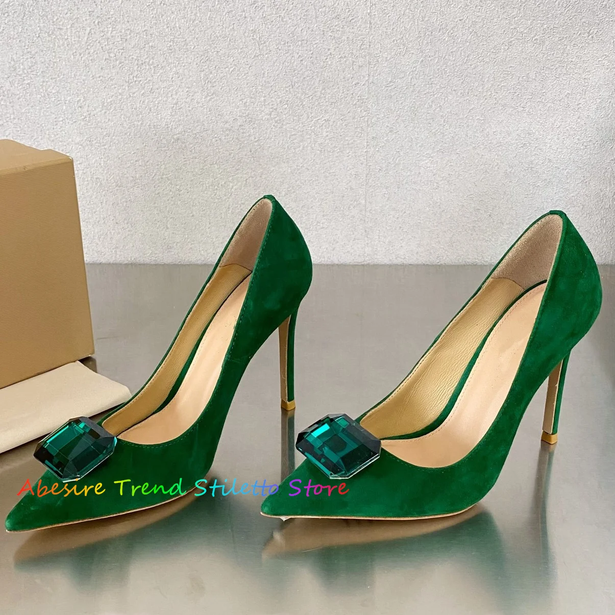 Big Rhinestone High Heel Pumps Women Pointed Toe Shallow One Step Versatile Stiletto Single Shoes Fashion Suede Wedding Shoes