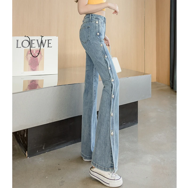 Women Vintage Pocket Long Oversized Denim Pants 2023 Sexy Heavy Industry Wide Leg Summer Thin Side Open Button Jeans Streetwear