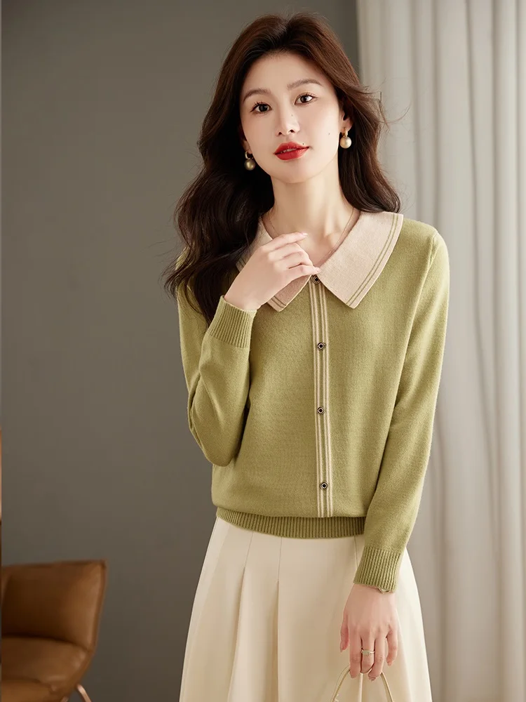 TuangBiang Autumn Elegant 2023 Spliced Button Polo Collar Pullovers Long Sleeve Winter Sweater Korean Women Fashion Knitted Tops