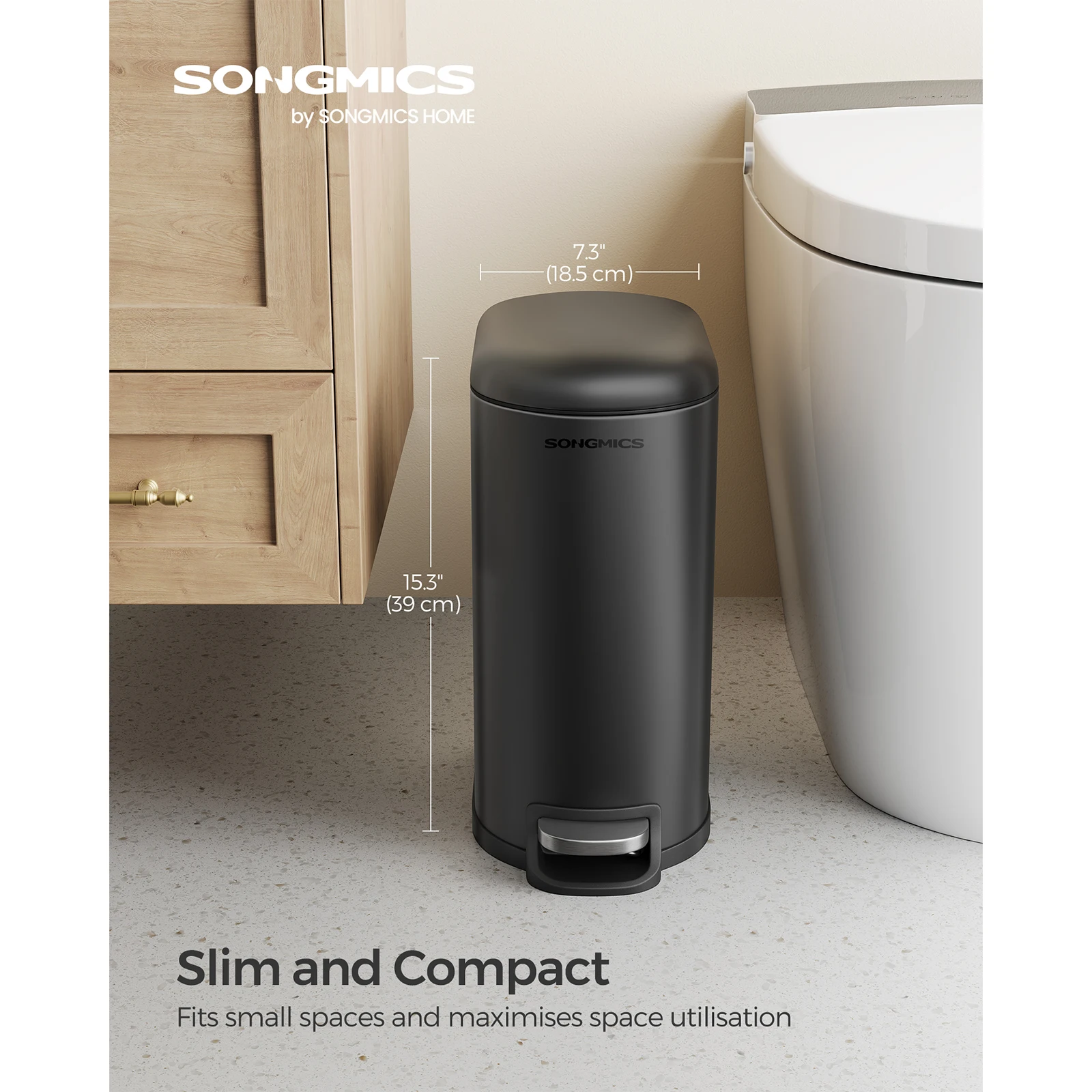 SONGMICS Bathroom Bin, 10L Small Bin with Lid, Pedal Toilet Bin, Slim for Small Spaces, Steel, Soft Close