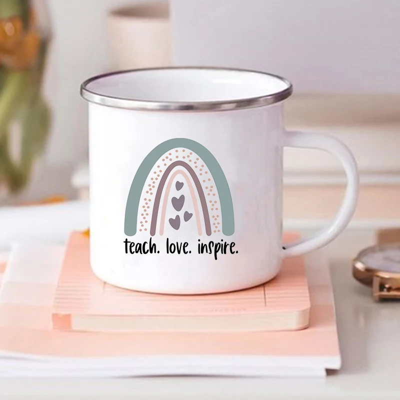 Teach Love Inspire Printed Vintage Enamel Mug Creative Coffee Tea Cups Drinks Breakfast Milk Mugs Handle Drinkware Teacher Gifts