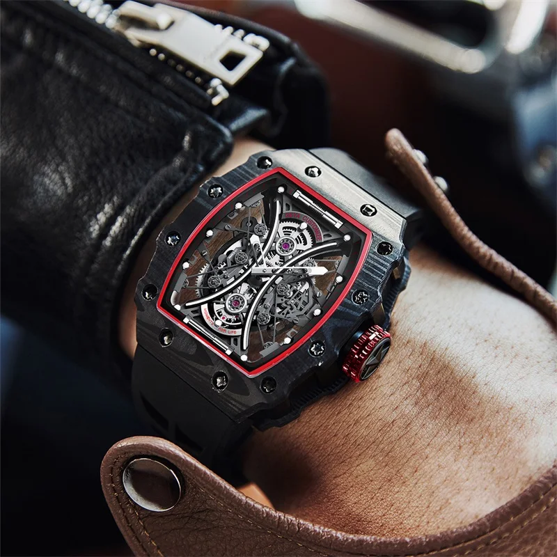 GEYA Automatic Men’s Mechanical Wristwatch, Hollowing Out Black Dial with Carbon Fiber Case Luminous Hands 78069