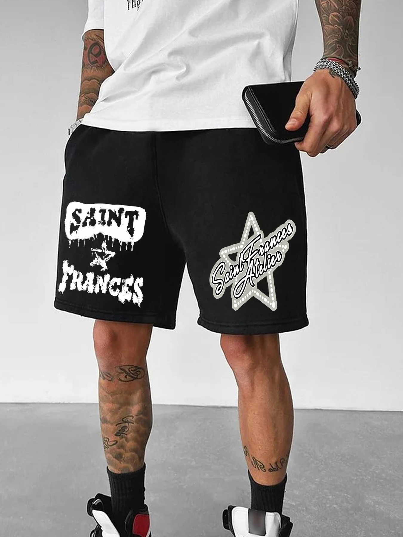 

High-street-style casual shorts Printed loose-fit casual knit pants