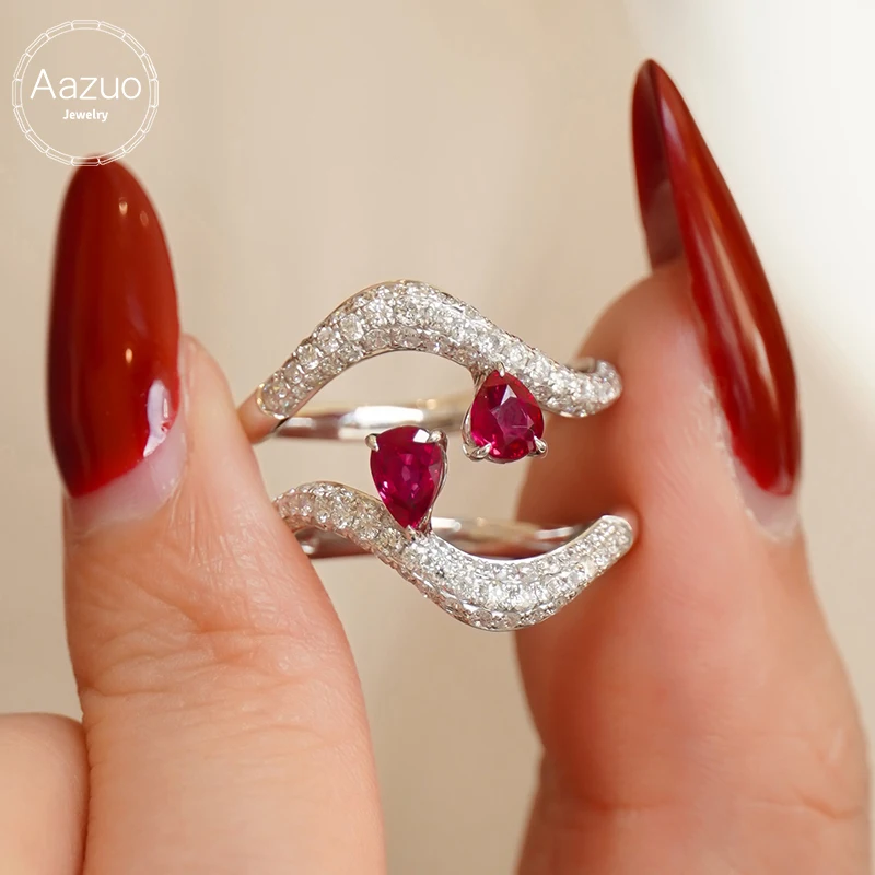 Aazuo Joyería Real, oro amarillo macizo de 18 quilates, rubí natural, diamantes reales, anillos con líneas en forma de S para niñas y mujeres, fiesta de gala