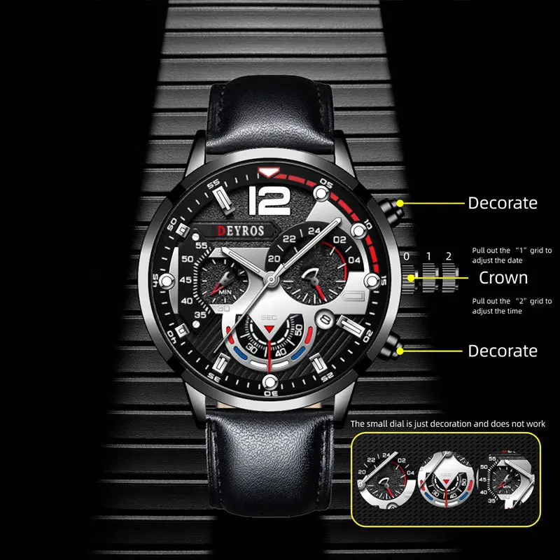 Reloj de pulsera de cuarzo de acero inoxidable para hombre, cronógrafo luminoso con calendario y fecha, de cuero, informal, de negocios, de lujo, a