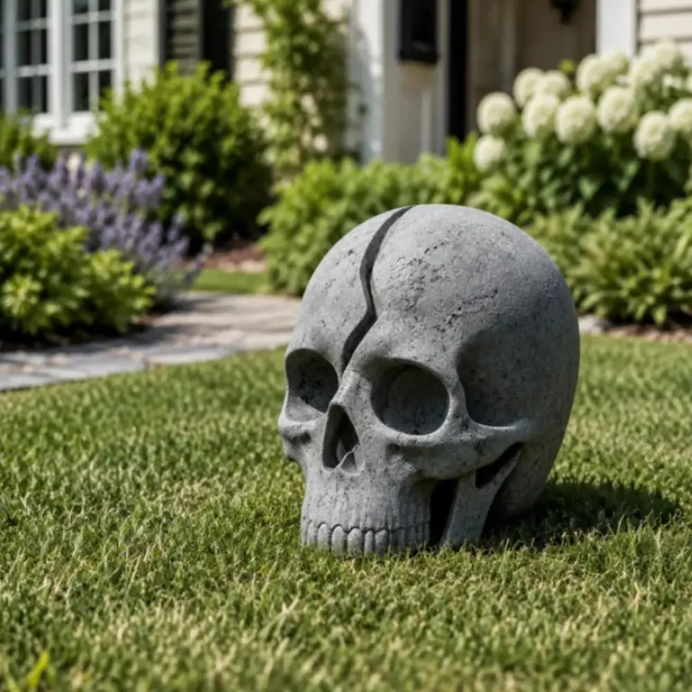 Waterproof Solar Garden Lamp Realistic Skull Shape Solid Resin Cracked Skull Light Sturdy Structure Warm Glow Garden Ornament