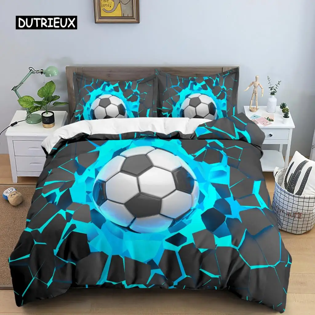 

3D Football Duvet Cover, Double King Queen Bedding Set 3pcs Quilt Cover with Zipper Closure King Size Polyester Comforter Cover