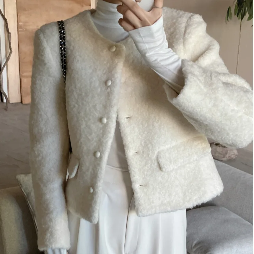 معطف صوفي للتنحيف بأسلوب كوري، تصميم دائري أنيق، أكمام طويلة، ياقة مستديرة، زر واحد، لون موحد، مناسب للعمل #5