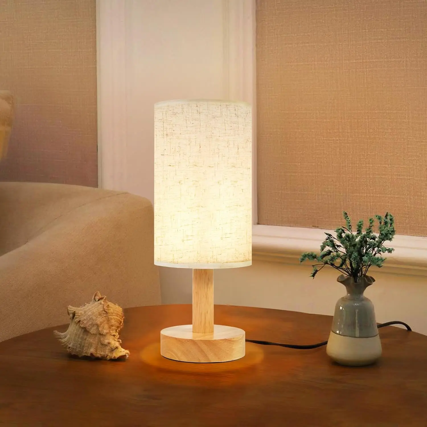 

Cozy Bedside Table Lamp, Natural Wood Base & Linen Shade, Warm 2700K Glow for Bedroom Reading